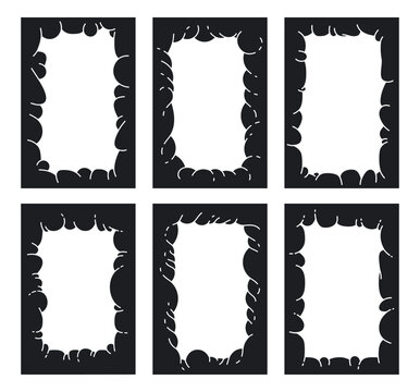 Abstract bubble cloud frames. Puffy cloud borders silhouettes, contemporary organic figures flat vector illustration set. Cartoon black chubby frames on white