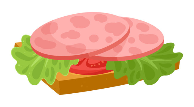 Delicious sandwich. Bread and butter with vegetables and ham, takeaway restaurant fast food burger flat vector illustration. Cartoon sandwich on white background