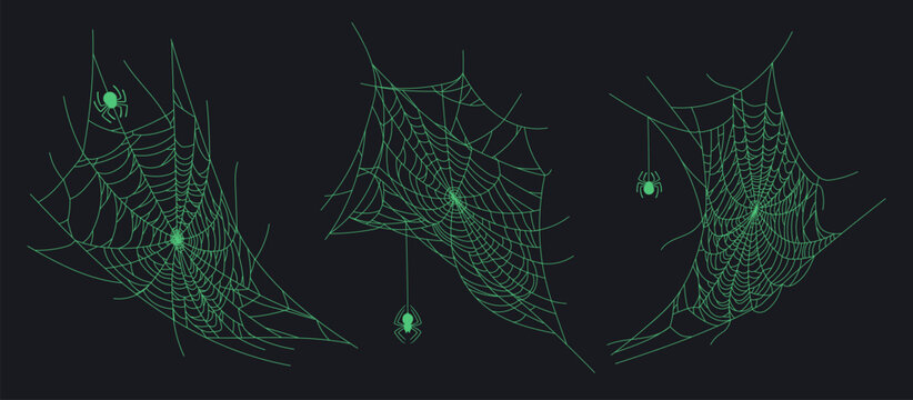 Spider cobweb decor. Halloween horror hanging spider web, spooky October party flat vector illustration set. Cartoon Halloween spider web