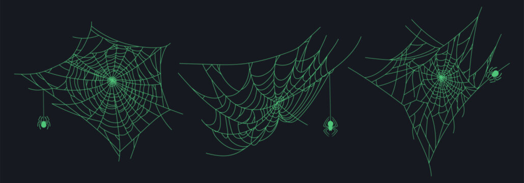 Halloween spider web decor. Cartoon horror spider cobweb, spooky October party flat vector illustration set. Hanging Halloween spider cobweb