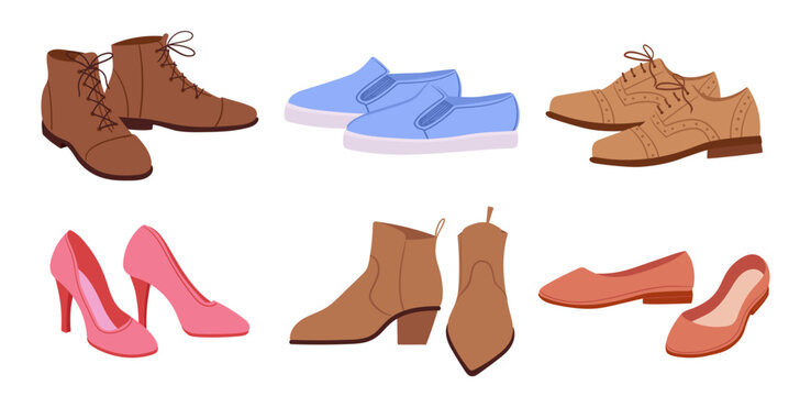 Cartoon shoes. Modern footwear, boots, ankle boots and heels, casual women and men footwear flat vector illustrations set. Fashionable footwear isolated on white