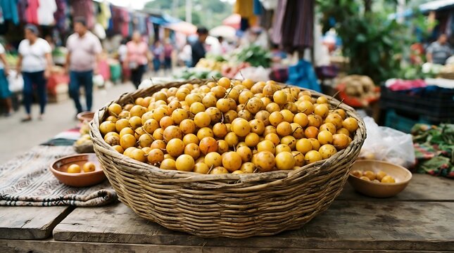 Wicker basket filled with fresh yellow nance fruit on a wooden table at a local outdoor market