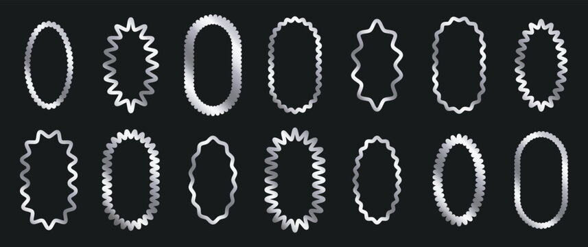 Zigzag oval frames. Wavy curved sharp borders, wavy edge oval borders flat vector illustration set. Decorative wavy frames on white