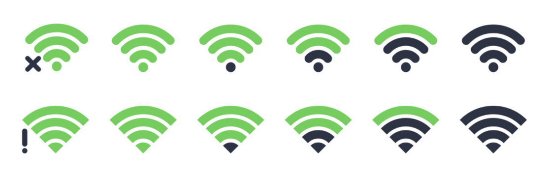 Wifi signs. Network wifi icons, mobile phone 5G and LTE wifi signal strength levels flat vector illustration set. Smartphone wifi signal indicators