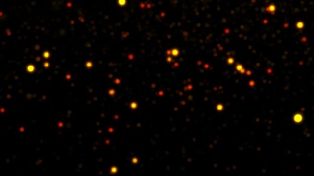 Abstract loop animation flickering glow gold orange bokeh star dust particles flying on black background. 4K 3D seamless looping gold bokeh particles dust fly in the air
