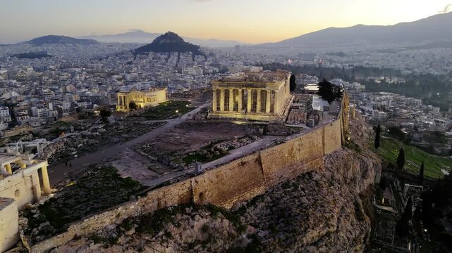 Beautiful Acropolis in Greece. Night drone shots