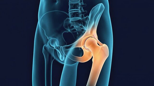 3D medical animation of a human pelvis and femur showing a highlighted hip joint representing pain, inflammation, or orthopedic injury in the skeletal system.