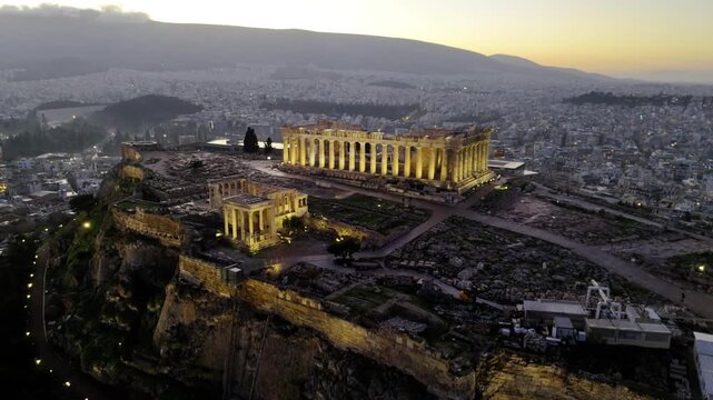Beautiful Acropolis in Greece. Night drone shots
