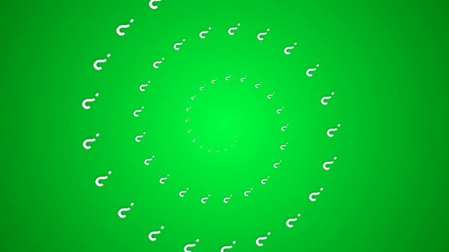 A sequence of white question marks continuously rotates in a spiral pattern over a bright green gradient background.