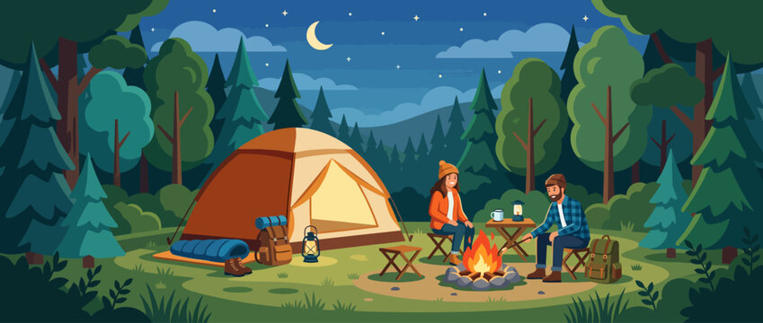 Couple camping in the forest at night with a campfire and tent.