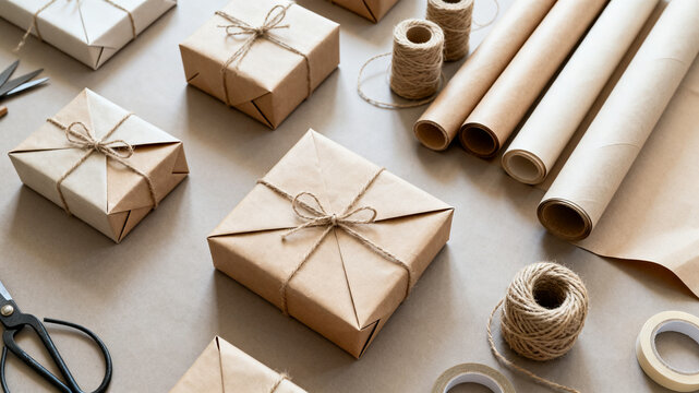 Sustainable gift packaging workplace layout with craft paper twine and wrapped presents.