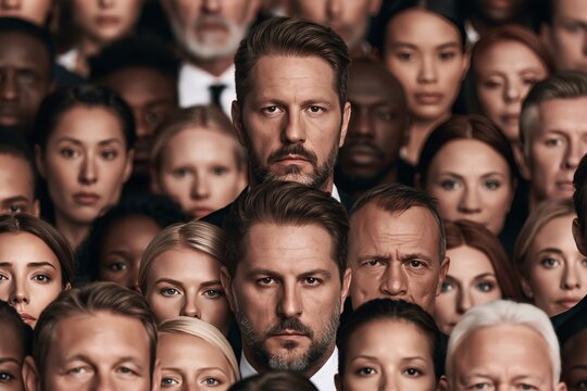 Crowd of diverse people looking directly at the camera with serious and neutral expressions
