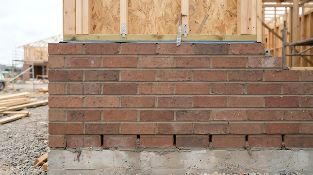 Red brick foundation wall under construction at a residential building site with wooden framing