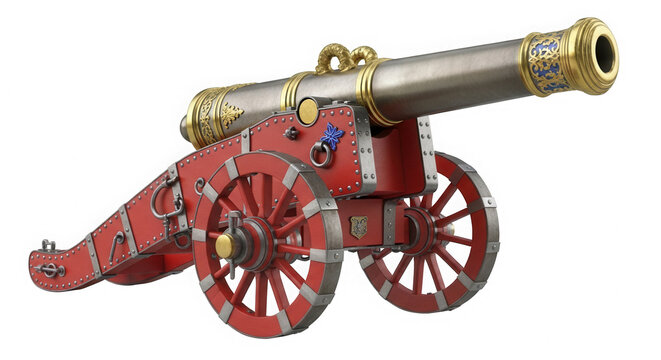 Vintage red metal cannon with golden details isolated on transparent background