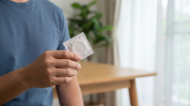 Man holding an unopened condom packet indoors. Safe sex, contraception, and reproductive healthcare awareness concept
