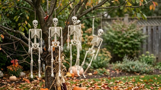 Plastic skeletons hanging from tree branches in front yard. Spooky outdoor Halloween decorations with autumn leaves and pumpkins on lawn