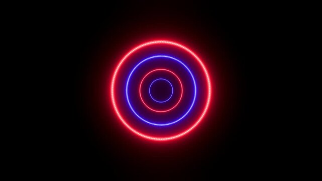 4K loop animation of red and blue dashed circles on dark black background, 3D render video