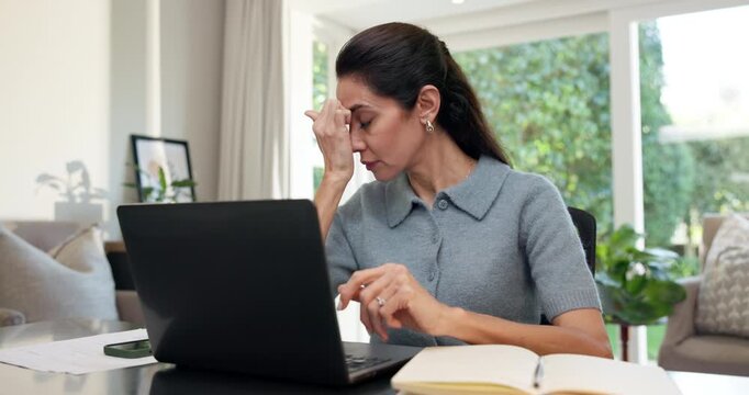 Eye strain, frustration or woman in home office with laptop, brain fog or headache in remote work. Tired, pain or mature freelancer with tech fatigue, burnout pressure or migraine discomfort in house