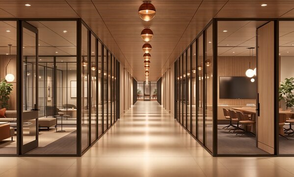 Modern office hallway with glass partitions and conference rooms preview