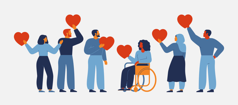People hold hearts. Banner with men and women multicultural volunteer hold hearts. Concept of community support, charity, philanthropy and donation. Vector illustration