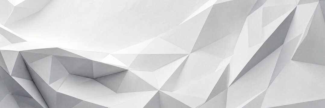 Minimalist white low poly background with geometric triangular shapes. Modern 3D abstract paper texture with sharp crystalline facets. Clean architectural surface for corporate branding.