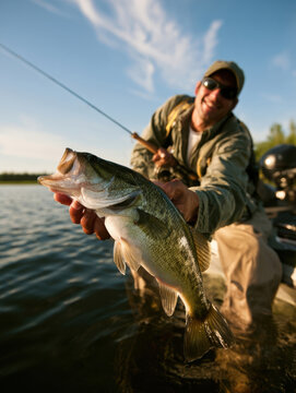 Smiling angler holding freshly caught largemouth bass fish up close on boat at sunny lake, active outdoor water recreation, freshwater sport fishing adventure, close up broad view photography.