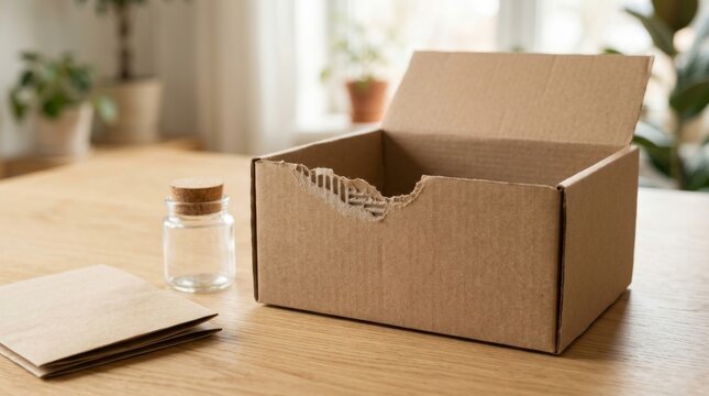 Open cardboard box packaging mockup on wooden table. Delivery box with torn edge and small glass jar
