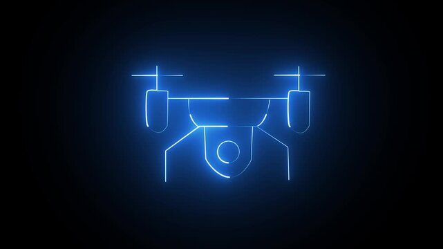 Glowing blue neon outline icon of a flying drone on a dark background