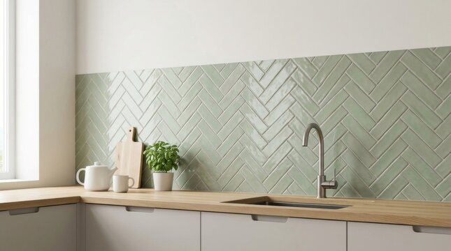 Ceramic kitchen backsplash tile in sage green herringbone pattern. Modern countertop with sink and potted basil