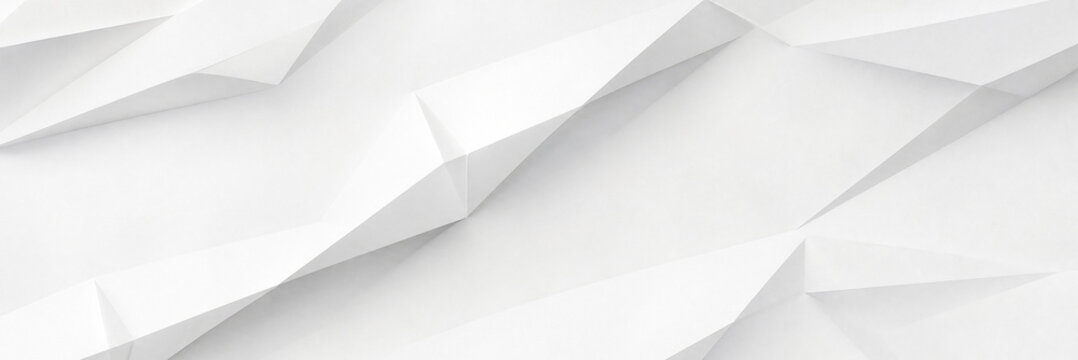 Minimalist white geometric background with 3D low poly texture. Abstract paper fold pattern with sharp triangular shadows. Clean architectural surface for corporate website header design.