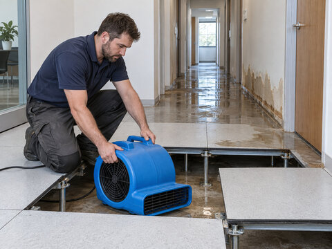 Restoration technician directs air mover across flooded commercial hallway