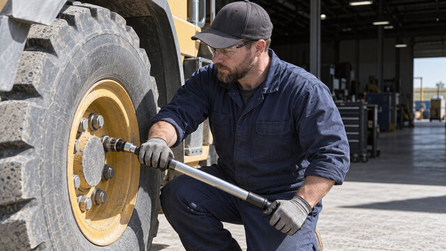 Millwright uses calibrated torque wrench on heavy equipment wheel bolts