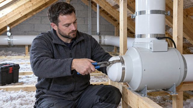 Technician tightens duct clamp on radon fan outlet inside unfinished attic
