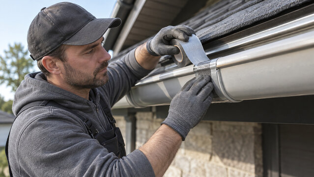 Roofer applies sealing tape to leaking rain gutter joint on suburban home