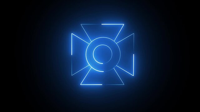 Abstract blue neon glowing cross symbol with a central circle on a dark background