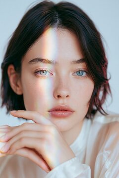 Young woman face with rainbow light reflection and soft natural makeup