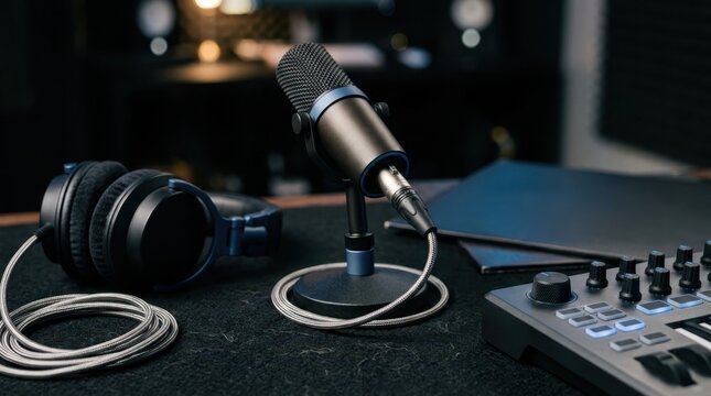 Studio still life of a microphone, headphones, MIDI controller and vinyl record sleeve on black felt