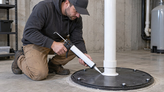 Radon technician caulks sump lid around vent pipe in basement utility room