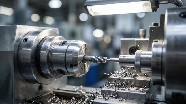 Swiss-type CNC lathe closeup showing sliding headstock, guide bushing, rotating collet and curled metal chips under bright machine light