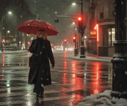 Woman with a red umbrella waiting at a snowy city intersection at night, wet pavement reflecting traffic lights in a cinematic urban winter atmosphere.