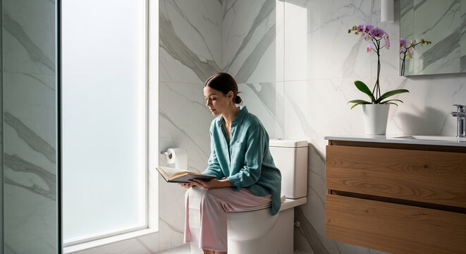 Woman reading a book on a toilet in a modern bathroom with marble tiles, symbolizing relaxation, personal time, and home comfort