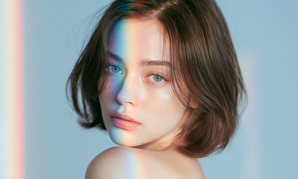Young woman face with colorful prism light reflection on her smooth skin