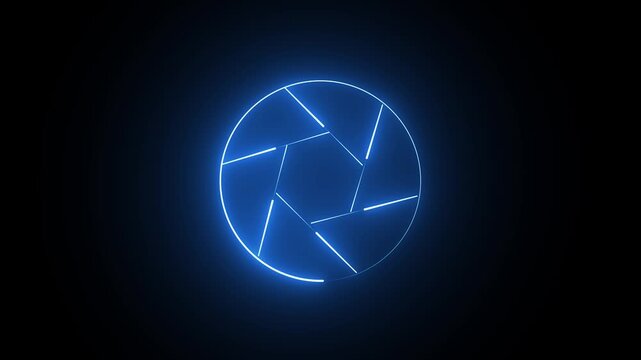 Glowing blue camera lens shutter icon with a bright neon light effect on a black background