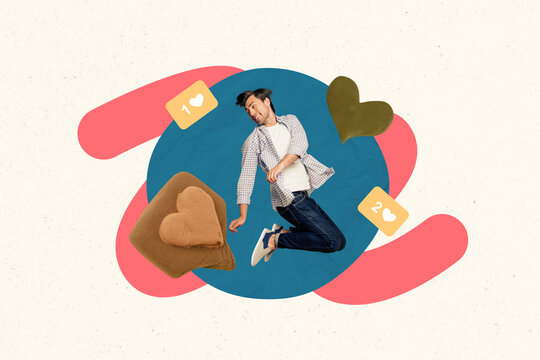 Art full trendy 3d collage poster of happy guy blogger jump heart notification social media blogging content reaction repost