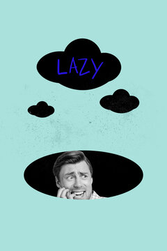 Trendy image pop vertical collage of puzzled businessman businesswoman stand bubble so tired exhaustion workload tension