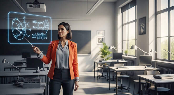 Woman in orange blazer teaching mathematics with a holographic projection in a modern classroom setting, representing education and innovation