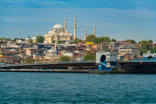 Panoramic view of Suleymaniye mosque and historic cityscape overlooking the golden horn in istanbul turkey during a bright sunny day