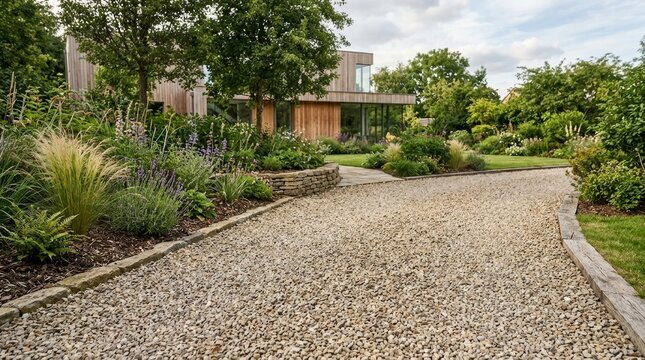 Gravel driveway and stone surface texture in front of a modern wooden house. Landscaped garden and pathways