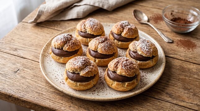 High angle view of delicious chocolate kue sus choux pastry cream puffs filled with chocolate custard, dusted with cocoa powder on a ceramic plate with a spoon and bowl on a rustic wooden table.