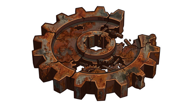 Large corroded iron gear wheel with missing teeth and damaged metal texture isolated on transparent background for industrial or steampunk design.
